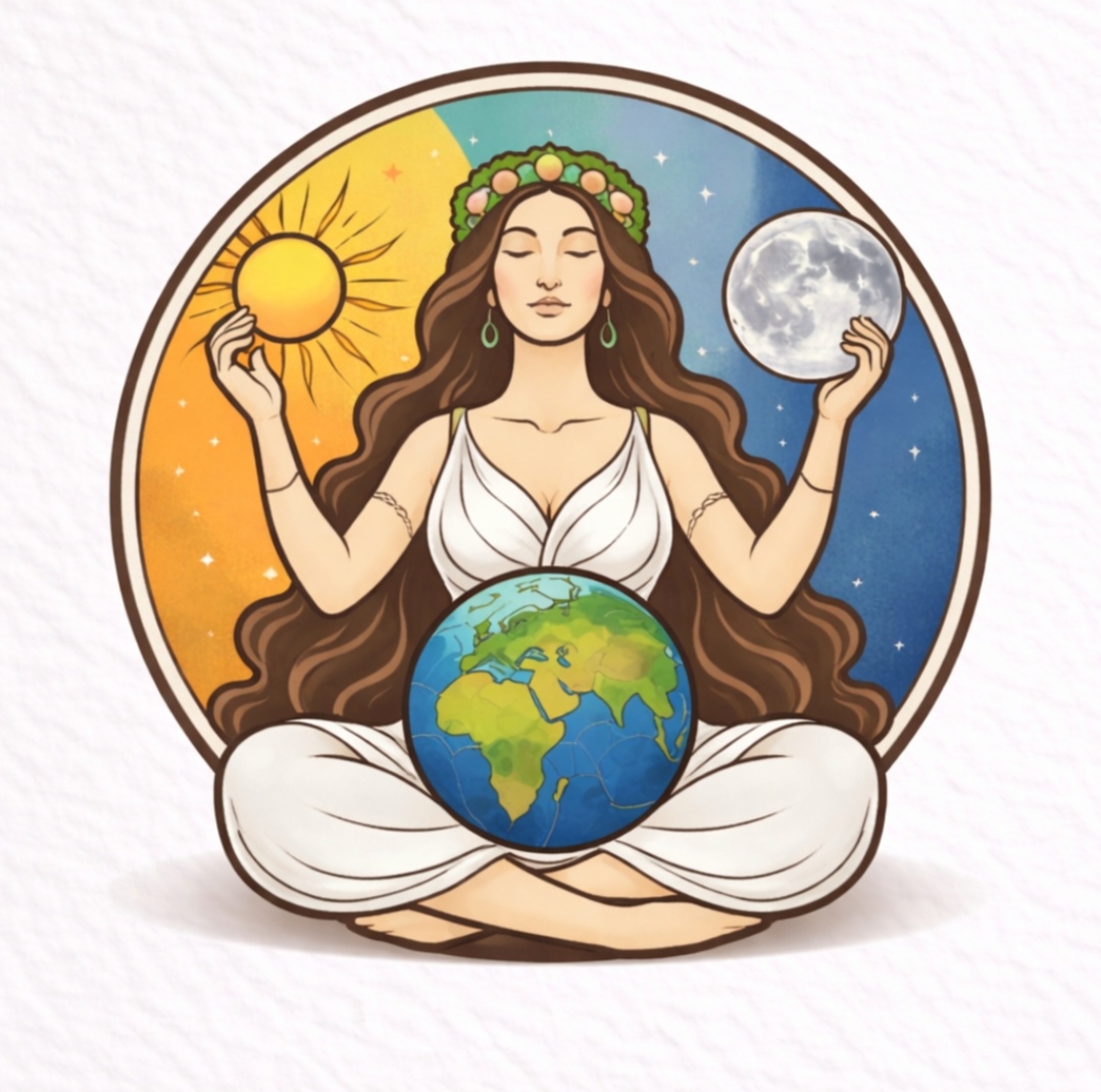 Illustration symbolique : femme en méditation entre soleil, lune et terre